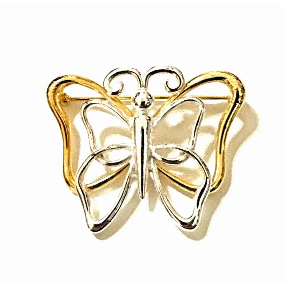 Vintage Two-Tone Butterfly Brooch Gold & Silver Tone Modernist Openwork Pin 1.5